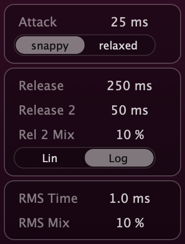 DynCurve Envelope Follower controls: Attack, Release and RMS